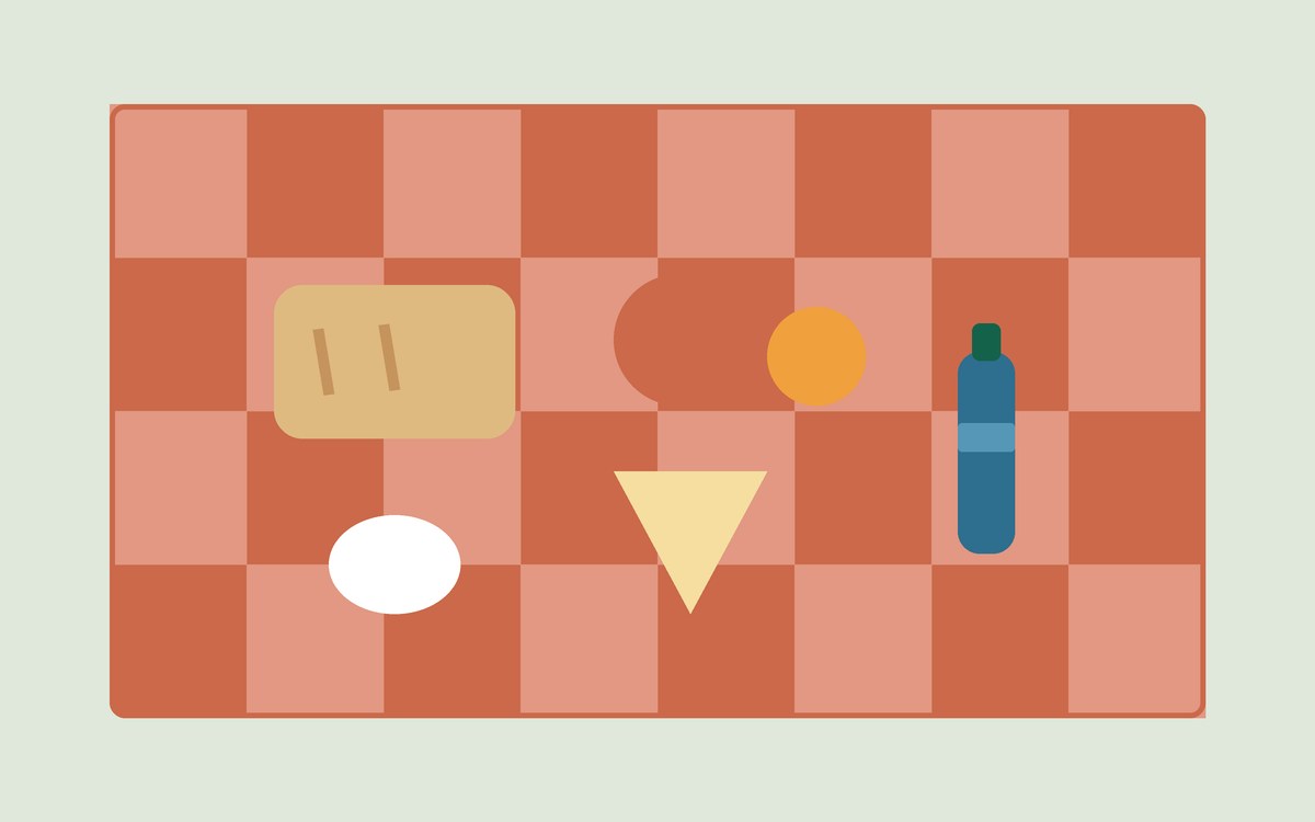 Ilustración: comida de picnic dispuesta sobre el mantel a cuadros, vista desde arriba