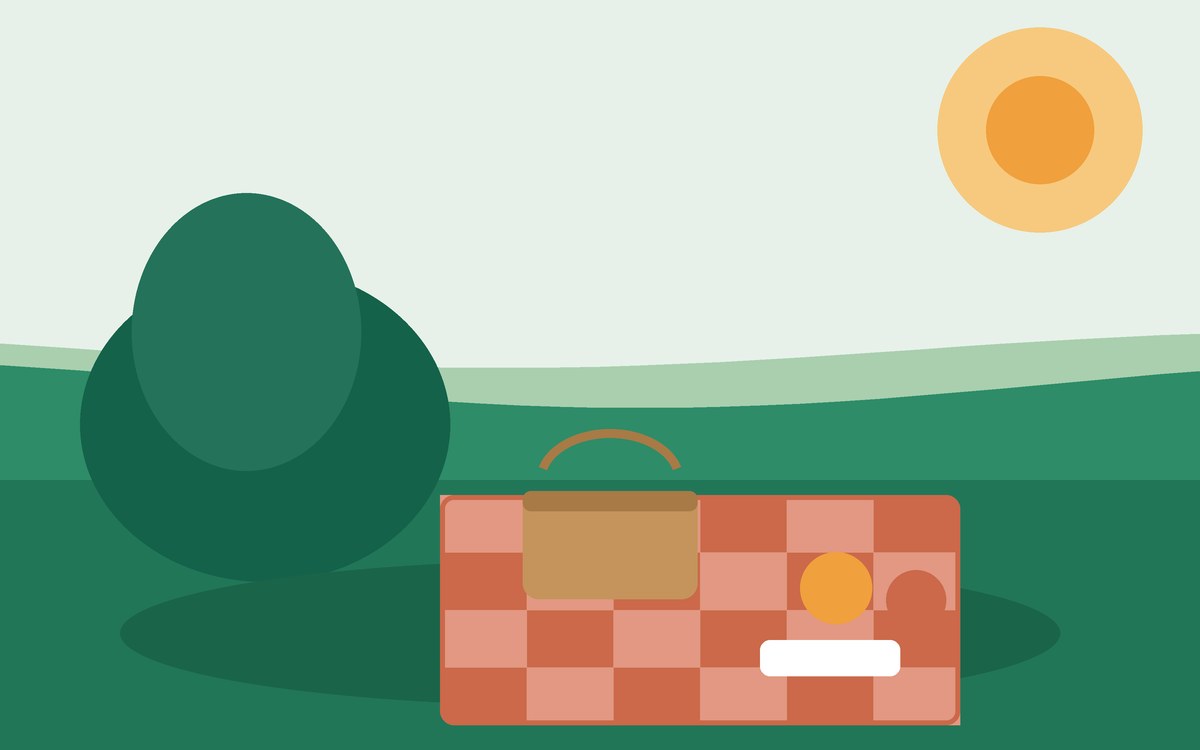 Ilustración: mantel de picnic, cesta y fruta a la sombra de un árbol